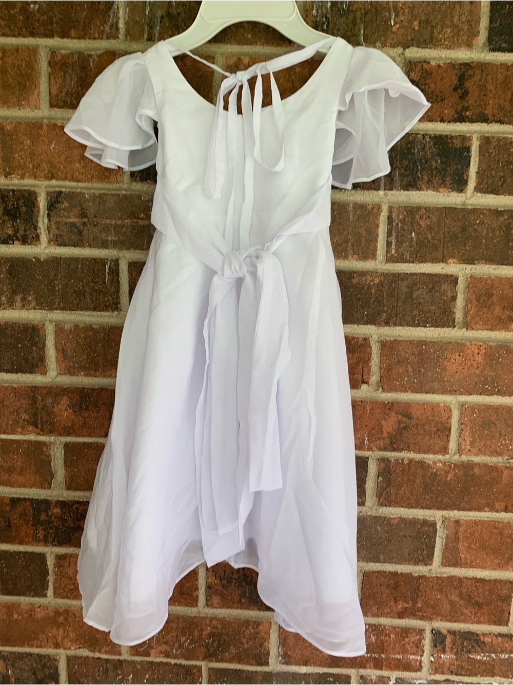 Girls White Ruffle Sleeve Party Dress with Sash